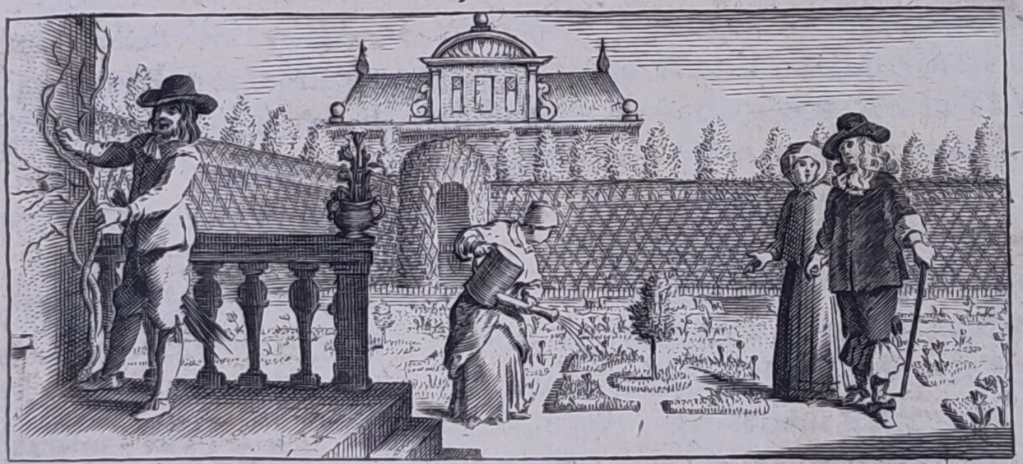 Werkzaamheden in de tuin, 1662. In Pieter van Aenghelen, De Verstandige Hovenier (Amsterdam: Martinus Doornick, 1662). Universiteit van Amsterdam, Collectie Geschiedenis van de Voeding, inv. no. O-74 126.